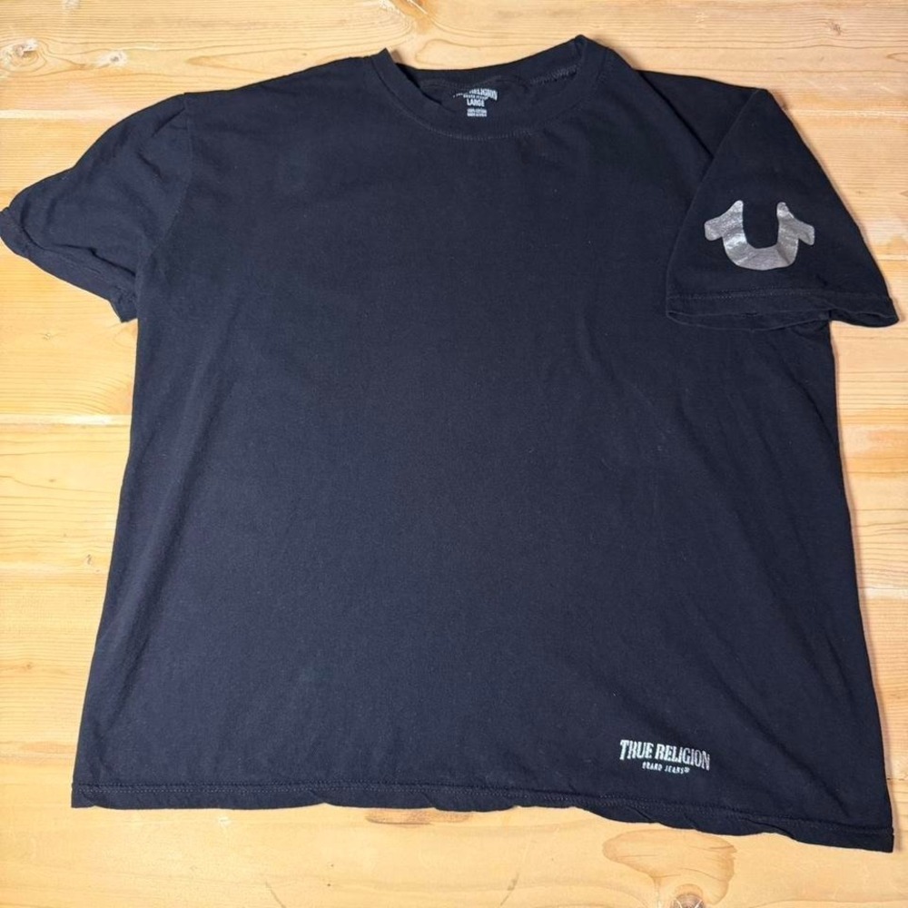 True Religion Mens Black Cotton T-Shirt Silver Sleeve Logo Size Large
